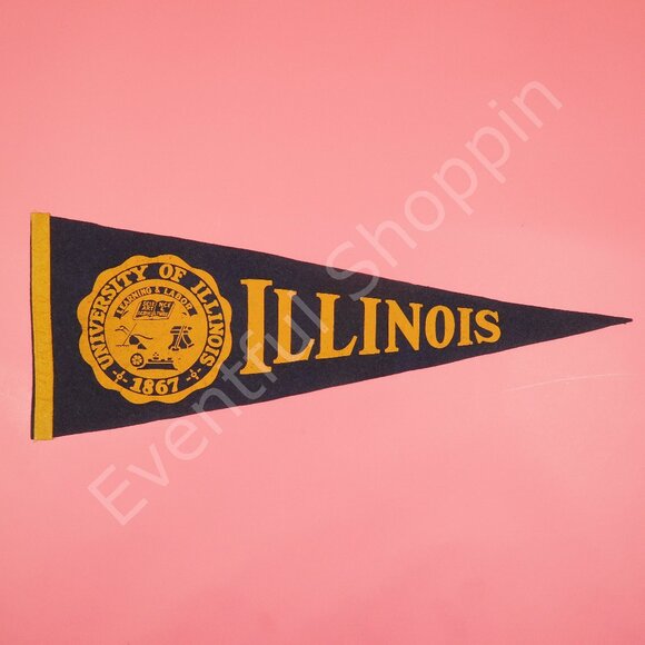 Vintage University of Illinois Pennant Blue Orange Felt 28" x 10.5" 1940s - Picture 2 of 4